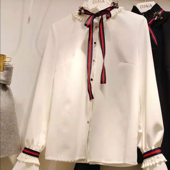 unbranded Tops - White Ruffle Rhinestones Blouse with Ribbon Size s